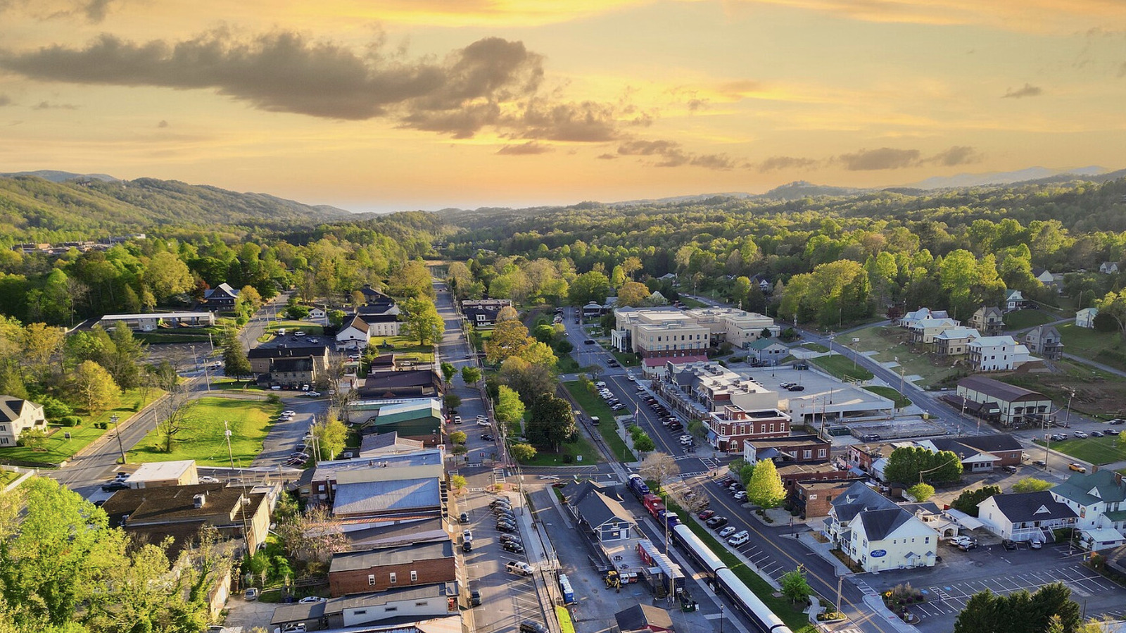 Downtown Blue Ridge and the surrounding mountains at sunset